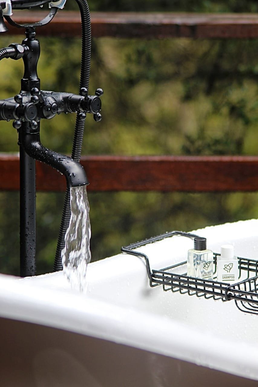 Une salle de bain équipée d’un robinet, d’une pomme de douche et d’un porte-savon contenant des flacons de shampoing.