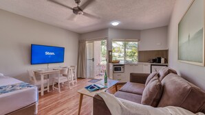 A modern room with a bed, a sofa, a TV, a dining table, and a kitchen area.