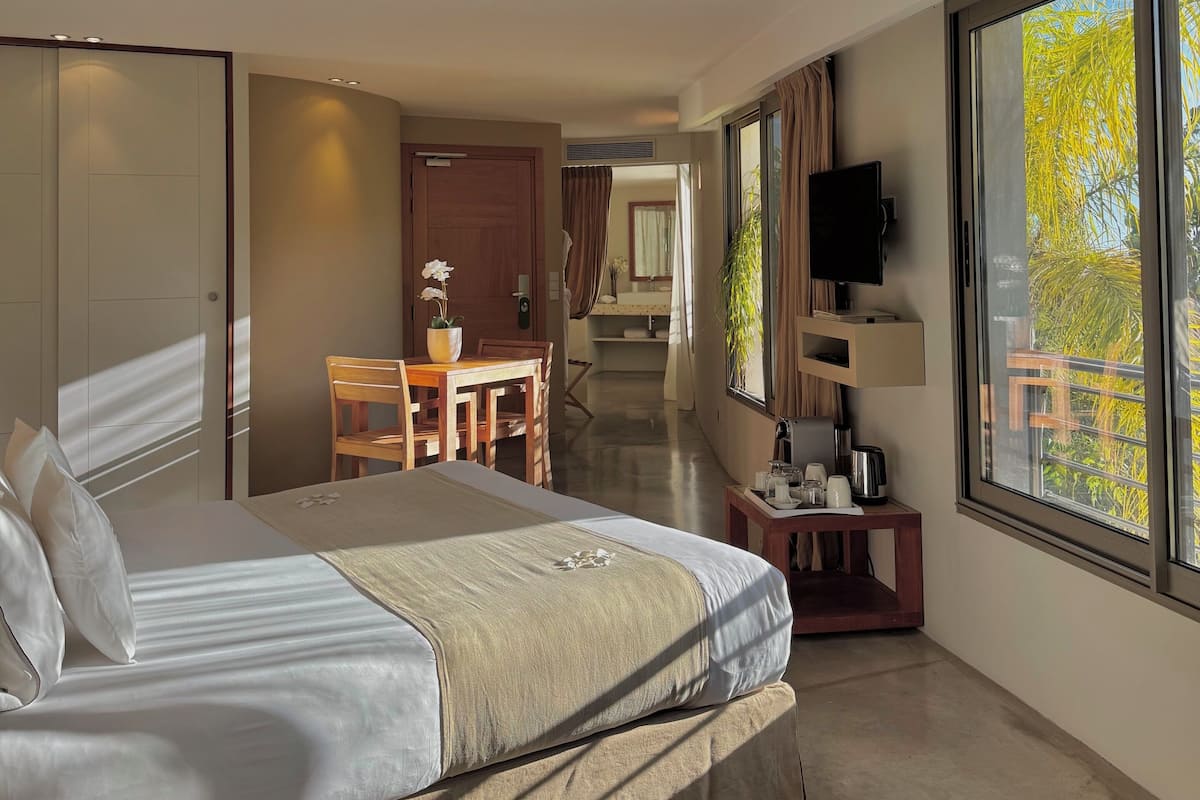 A modern hotel room with a large bed, a desk, a chair, a TV, and a view of greenery outside.