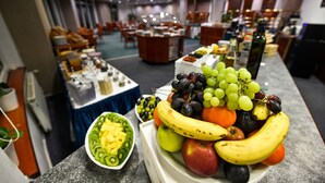 A buffet with a variety of fruits and a buffet table in the background. - Hotel Jana (Prerov)