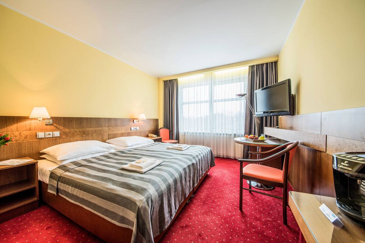 A hotel room with a bed, a desk, a chair, a television, and a window with curtains.