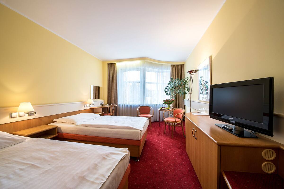 A hotel room with two beds, a TV, a desk, a chair, and a small table with a plant.