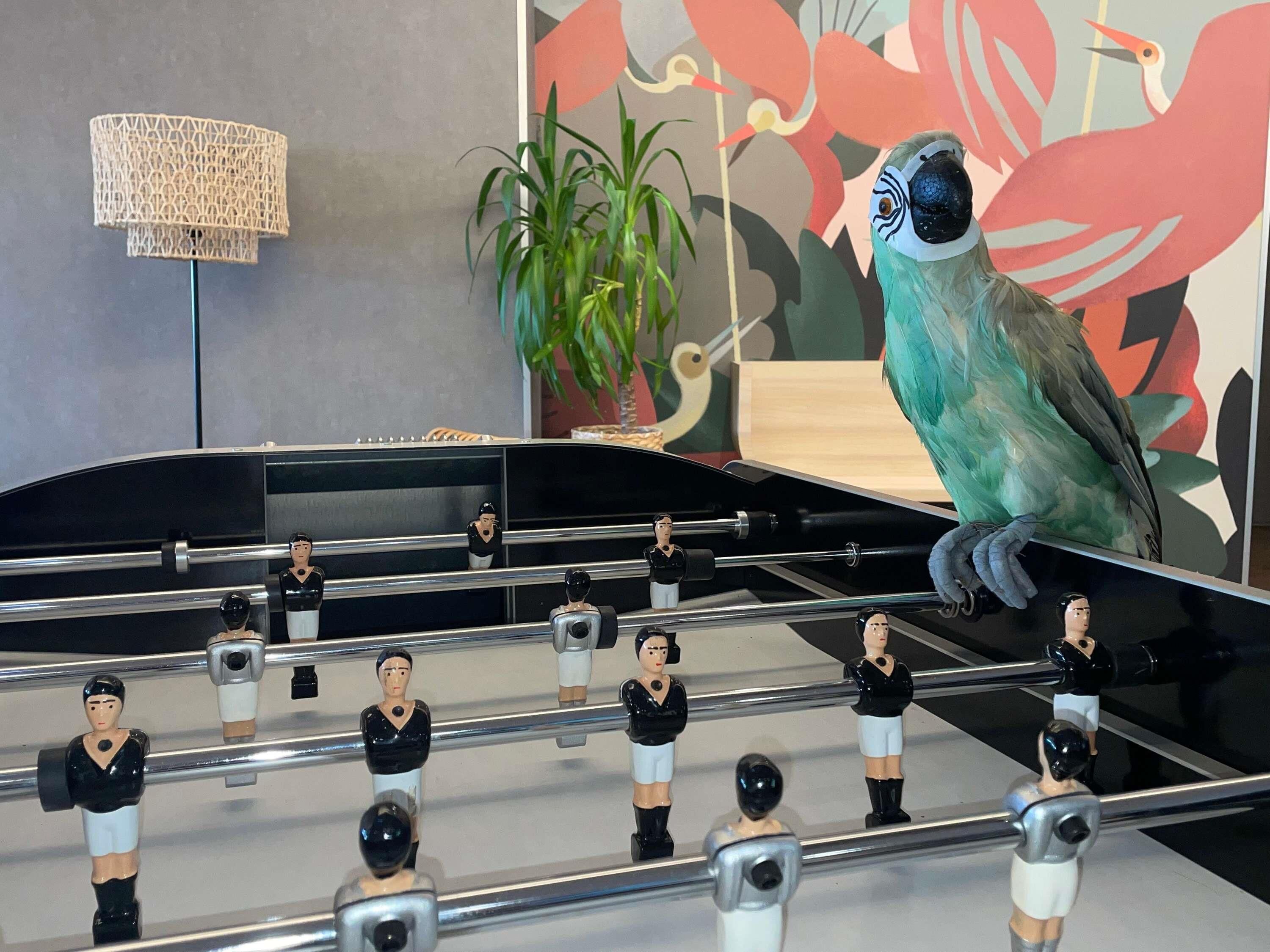 Una mesa de fútbol de mesa con figuras, una lámpara y una pared con un mural tropical.