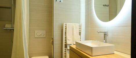 A modern bathroom with a shower, toilet, and vanity with a mirror.