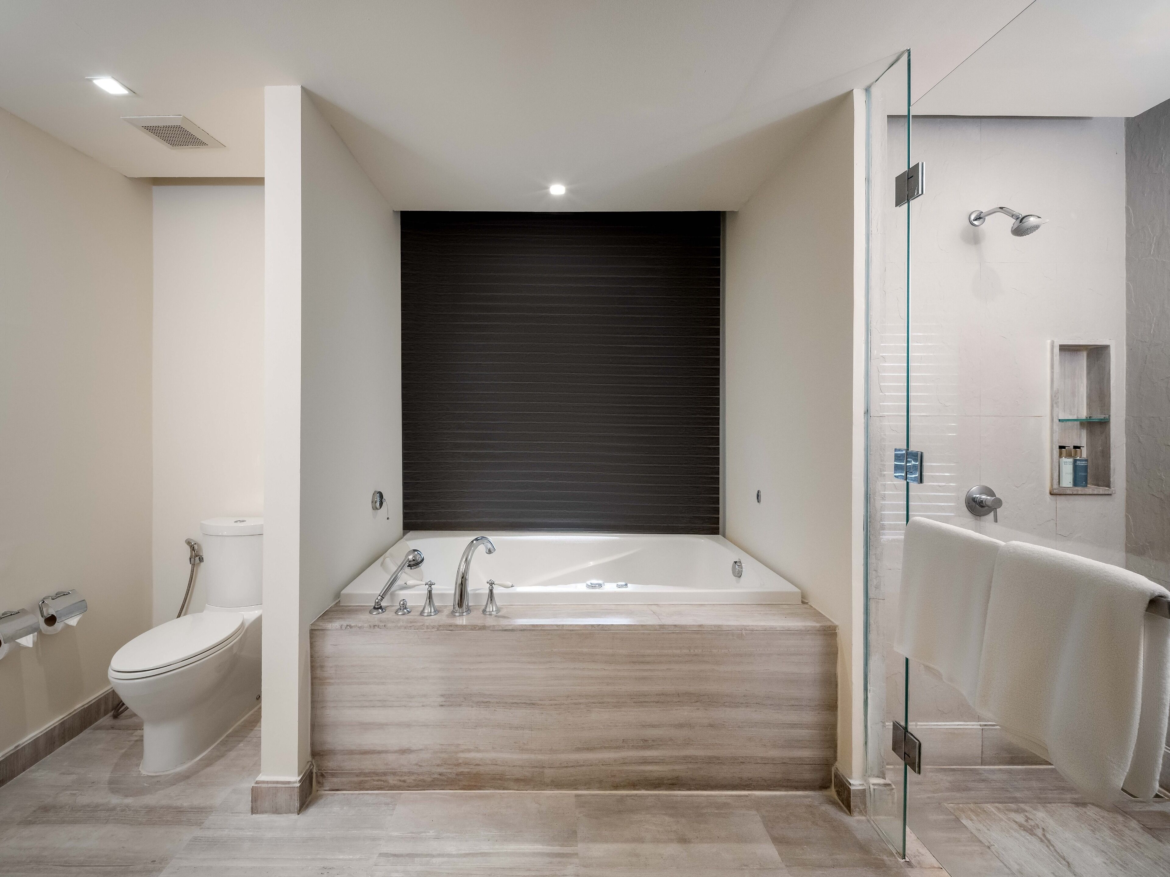 A modern bathroom with a large bathtub, a toilet, and a glass-enclosed shower area.