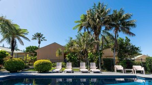 Une piscine avec des chaises longues et des palmiers.