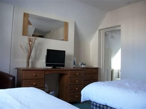 Une chambre à coucher avec une télévision posée sur une commode, un miroir au-dessus, et deux lits.