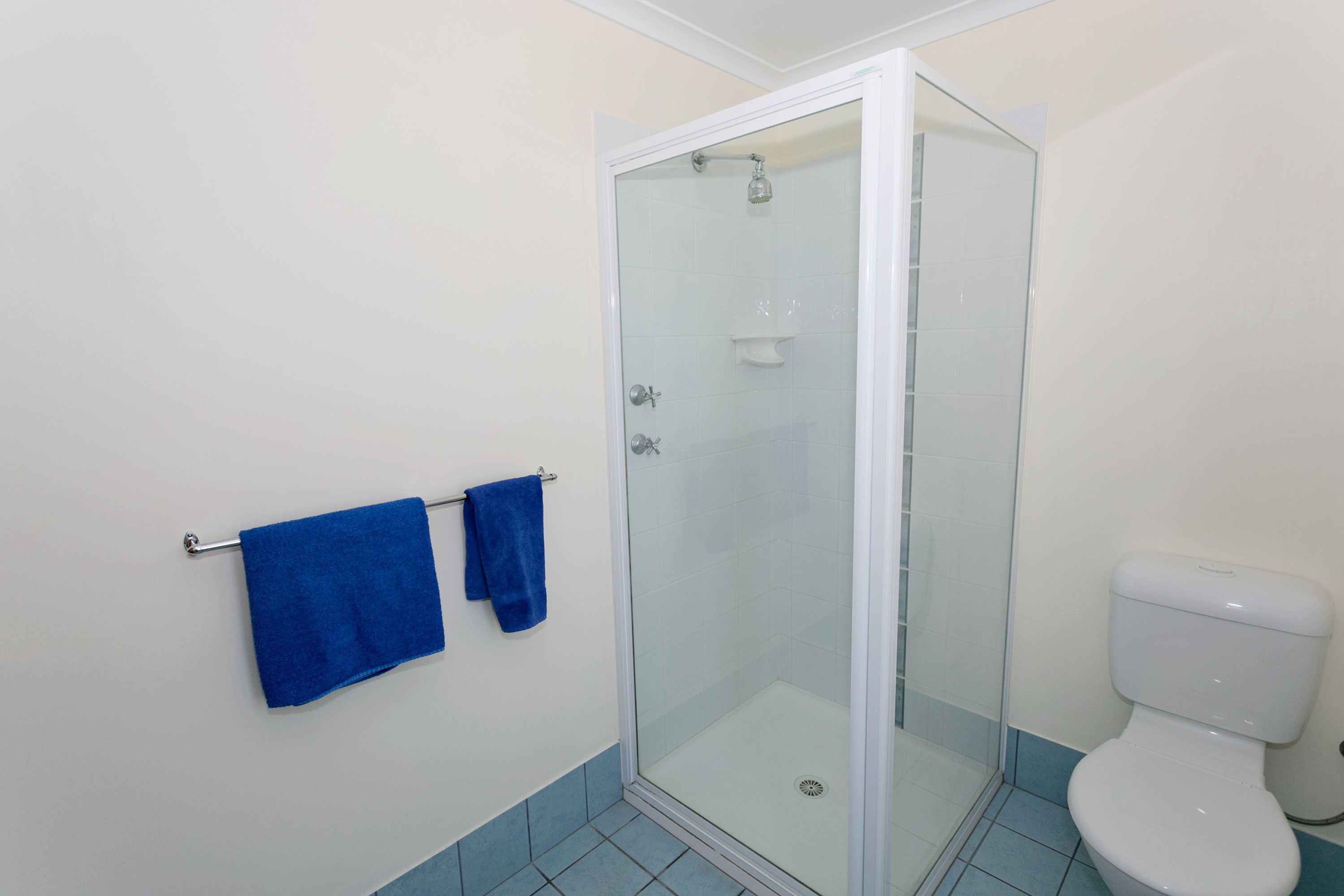 Une salle de bain avec une douche à parois de verre, des toilettes blanches et deux serviettes bleues posées sur un porte-serviettes.
