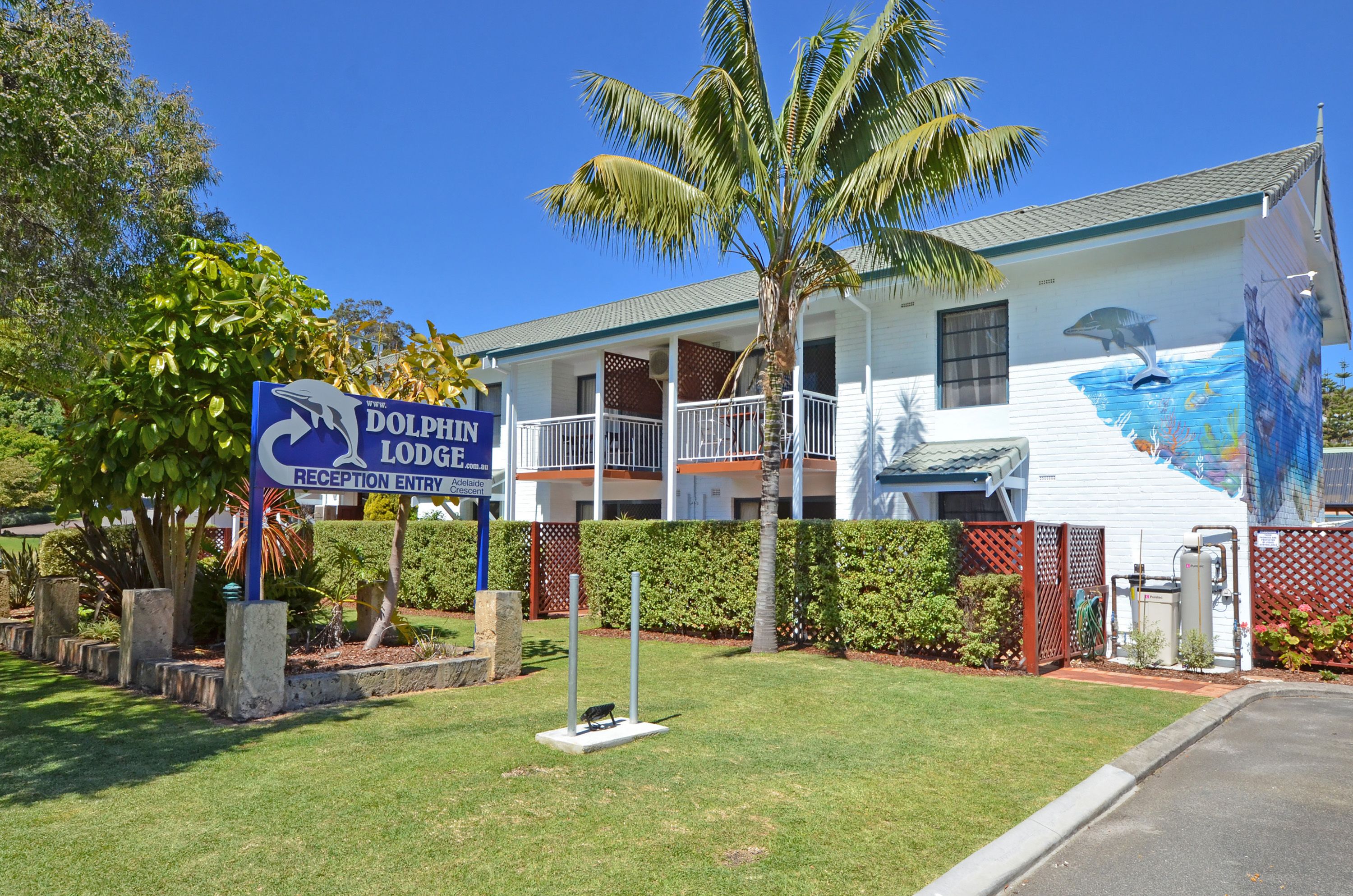 A building with a dolphin mural on the side, a reception sign, and a fenced garden area.