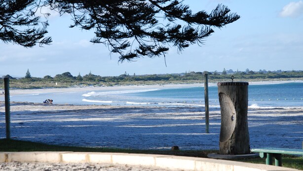 A beach with a wooden post and a bench, a sandy area, and a view of the ocean. - Dolphin Lodge (Middleton Beach)