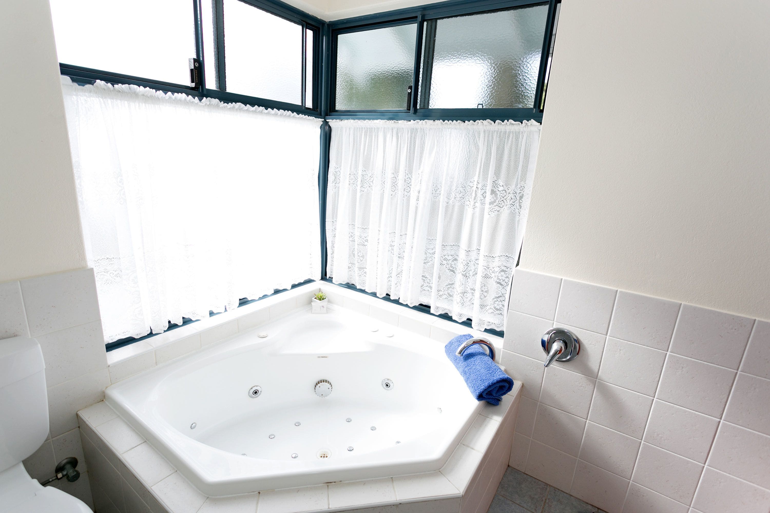A bathroom with a freestanding bathtub, a toilet, and a window with frosted glass and white curtains.