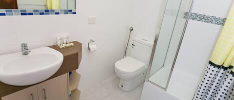A bathroom with a sink, toilet, and shower area.