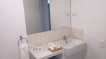 Een badkamer met een witte wastafel, spiegel en handdoekhouder.