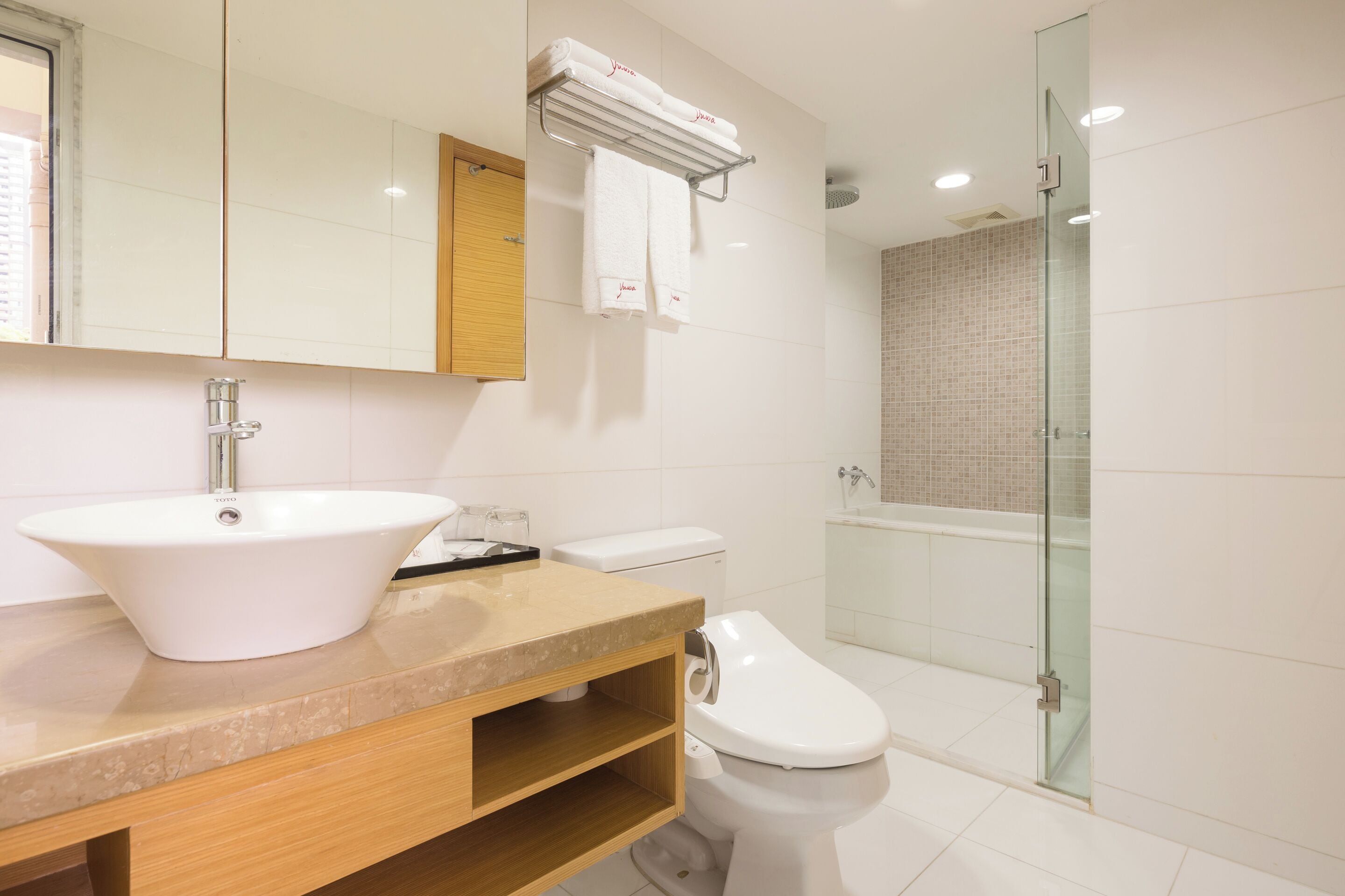 A modern bathroom with a large white sink, a toilet, a glass shower enclosure, and a mirror above the sink.