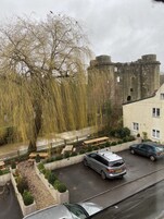 Vista de una estructura que recuerda a un castillo, con un sauce llorón en primer plano.