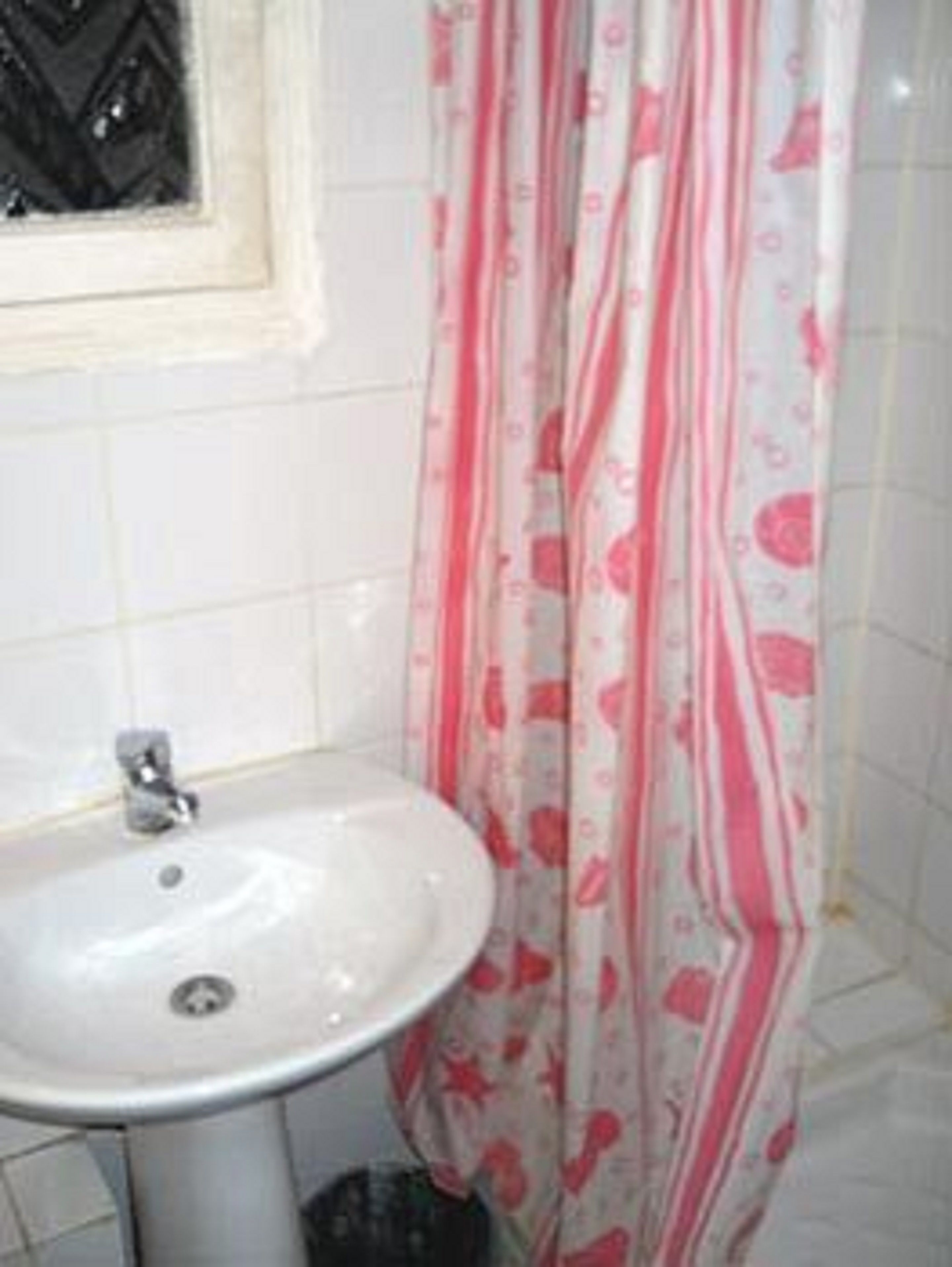 A bathroom with a white sink, a mirror, and a shower curtain with a pattern.