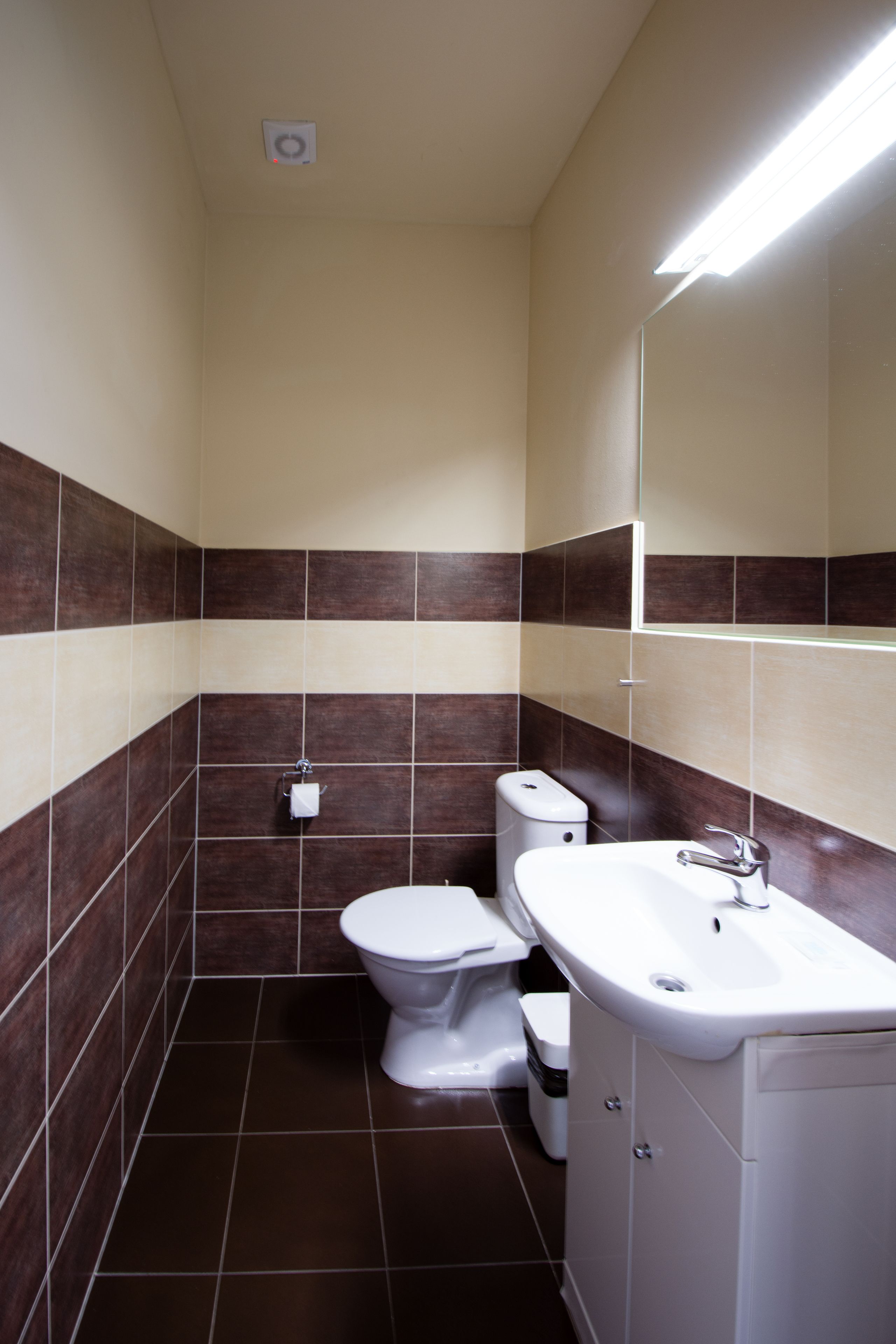 Un baño con inodoro, lavamanos y espejo.