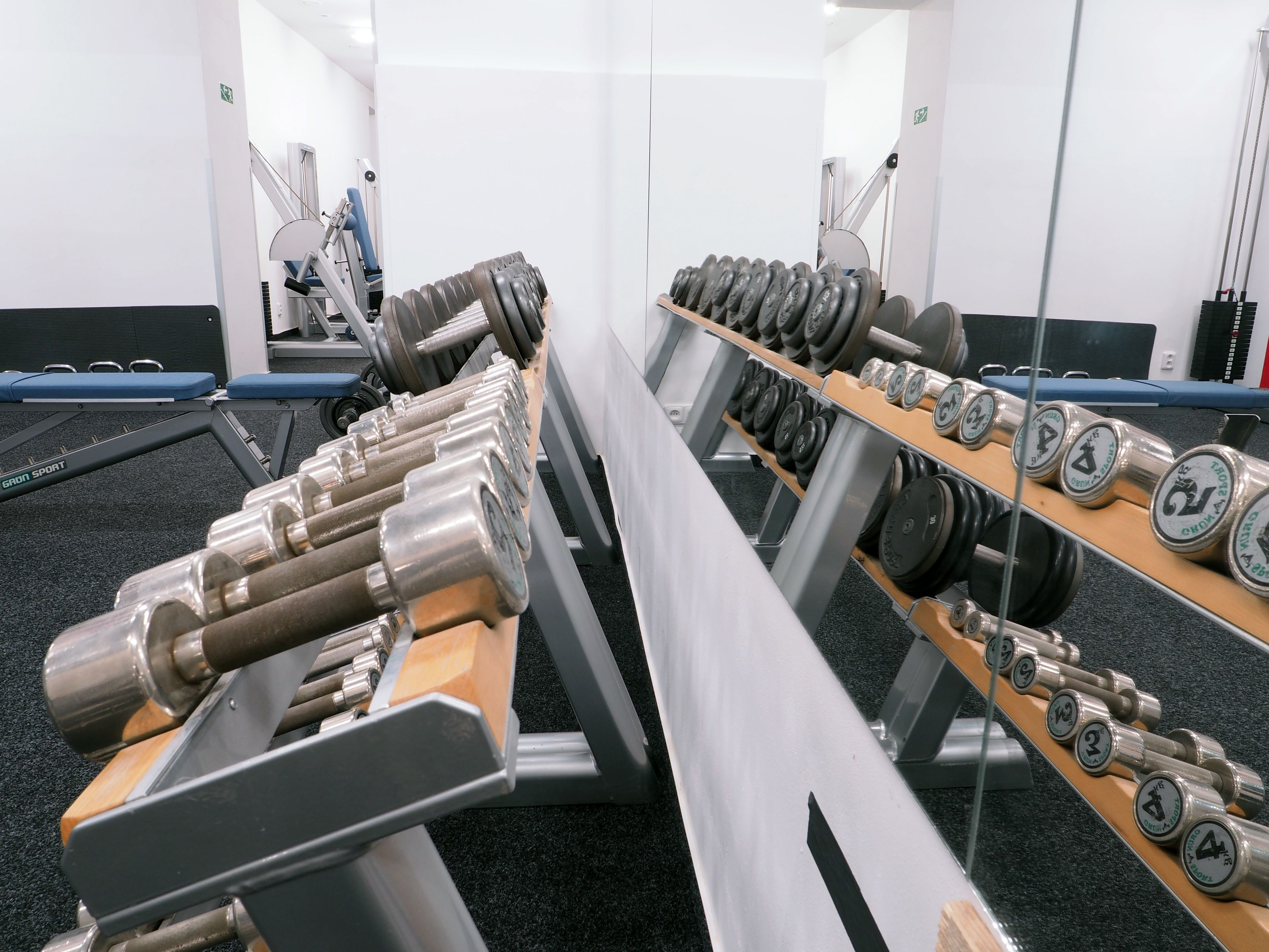 A gym with rows of dumbbells and weight plates, a bench press, and a treadmill.