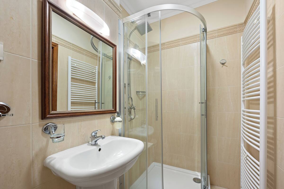 shower, free toiletries, hair dryer, towels