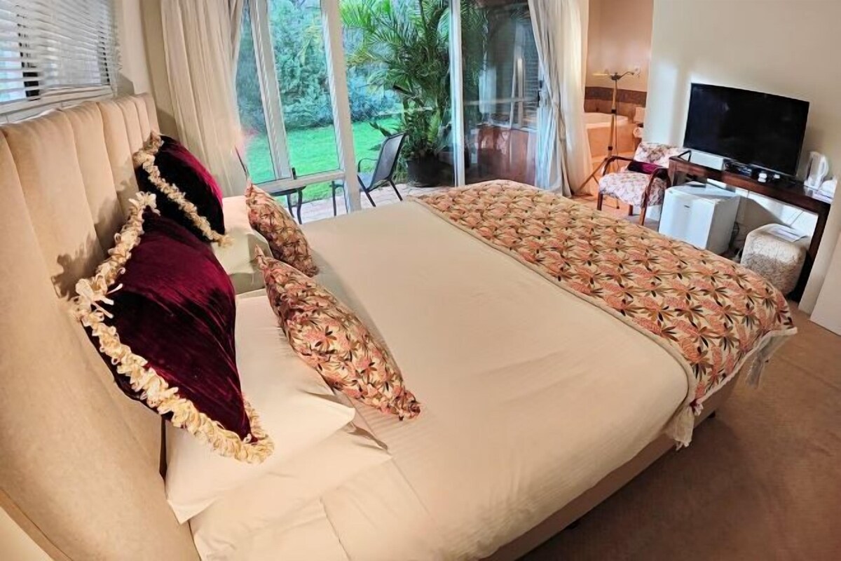 Habitación de hotel con una cama grande, televisión y vistas al exterior.