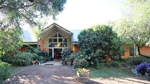 A house with a large front porch, surrounded by various potted plants and trees.