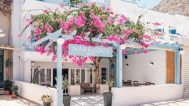 Entrada de un hotel con un letrero que dice "Narkissos Hotel", asientos al aire libre y plantas en macetas.