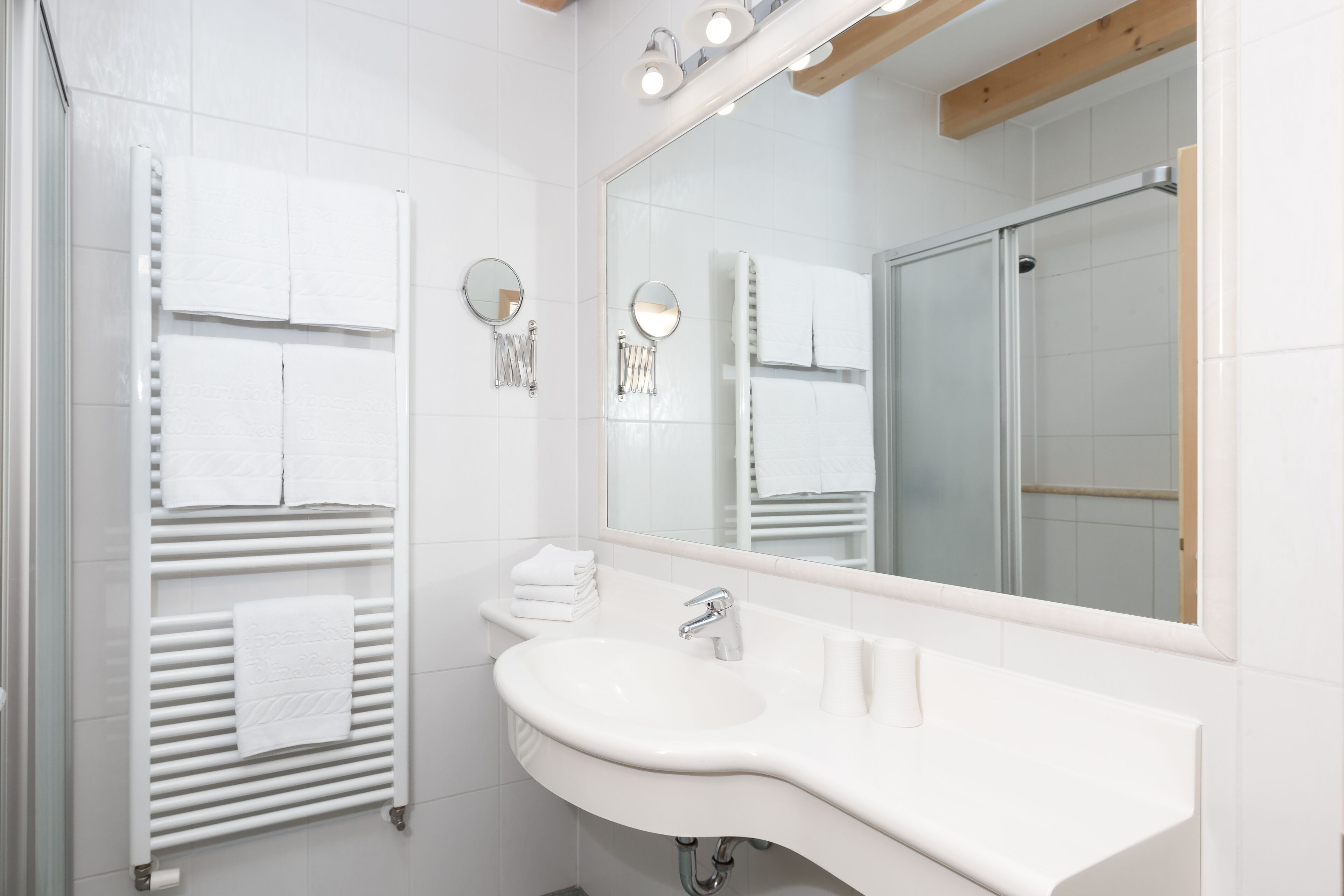 A modern bathroom with a white sink, a large mirror, and a glass shower enclosure.
