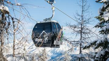 Silla de telesilla con el logotipo "Alpen" y una vista de montaña al fondo.