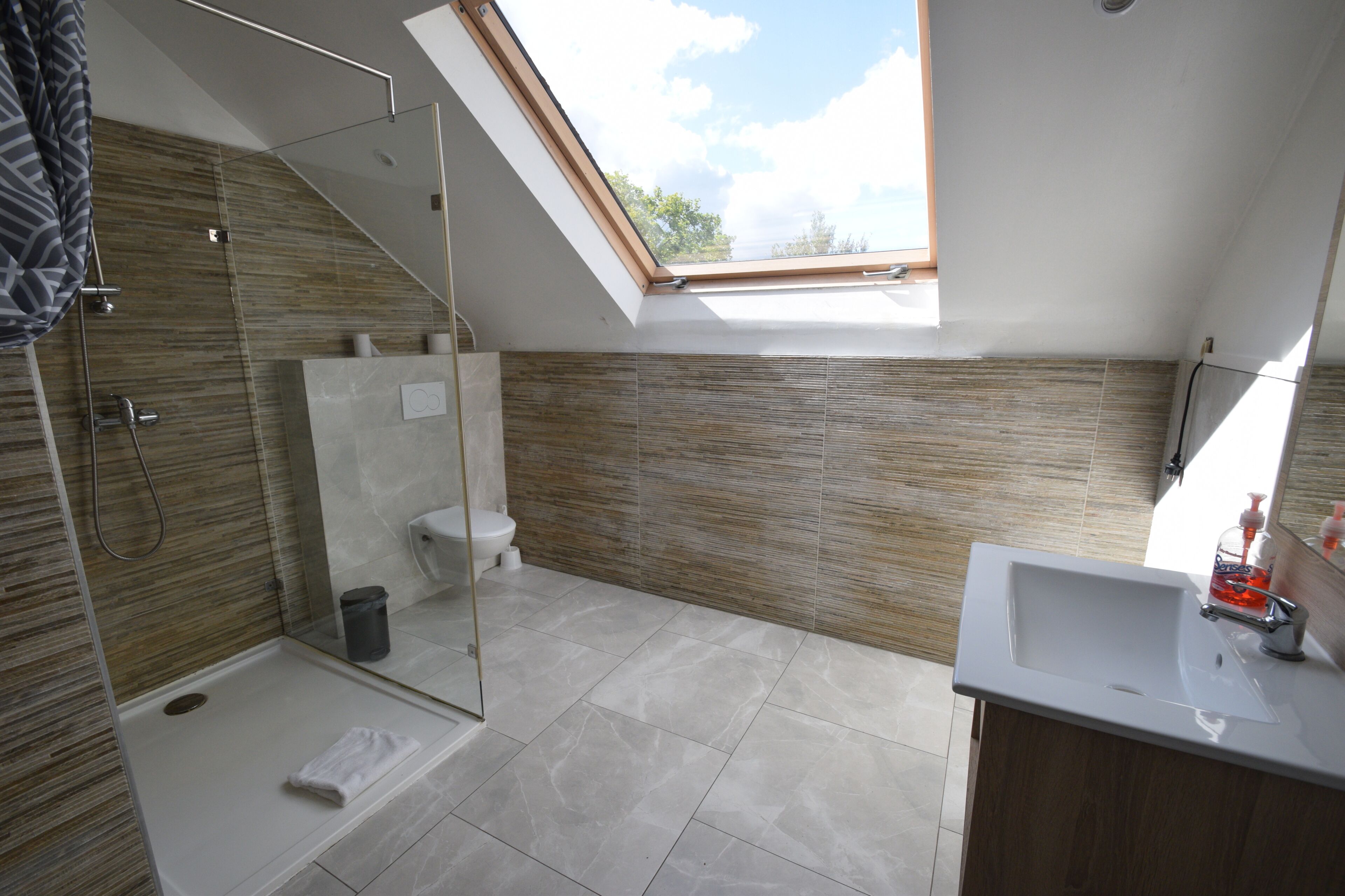 Familiekamer | Badkamer | Een douche, een haardroger, handdoeken