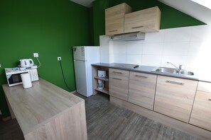 Family Room | Private kitchen | Fridge, microwave, coffee/tea maker, electric kettle - Budget Flats Brussels (Brussels)