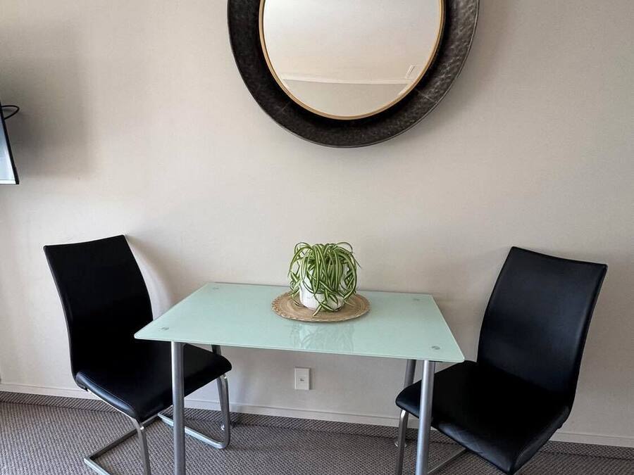Una habitación con un espejo redondo, una mesita con una planta en maceta y dos sillas negras.
