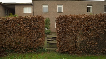 A brick building with a grassy lawn, a wooden bench, and a hedge in the foreground.