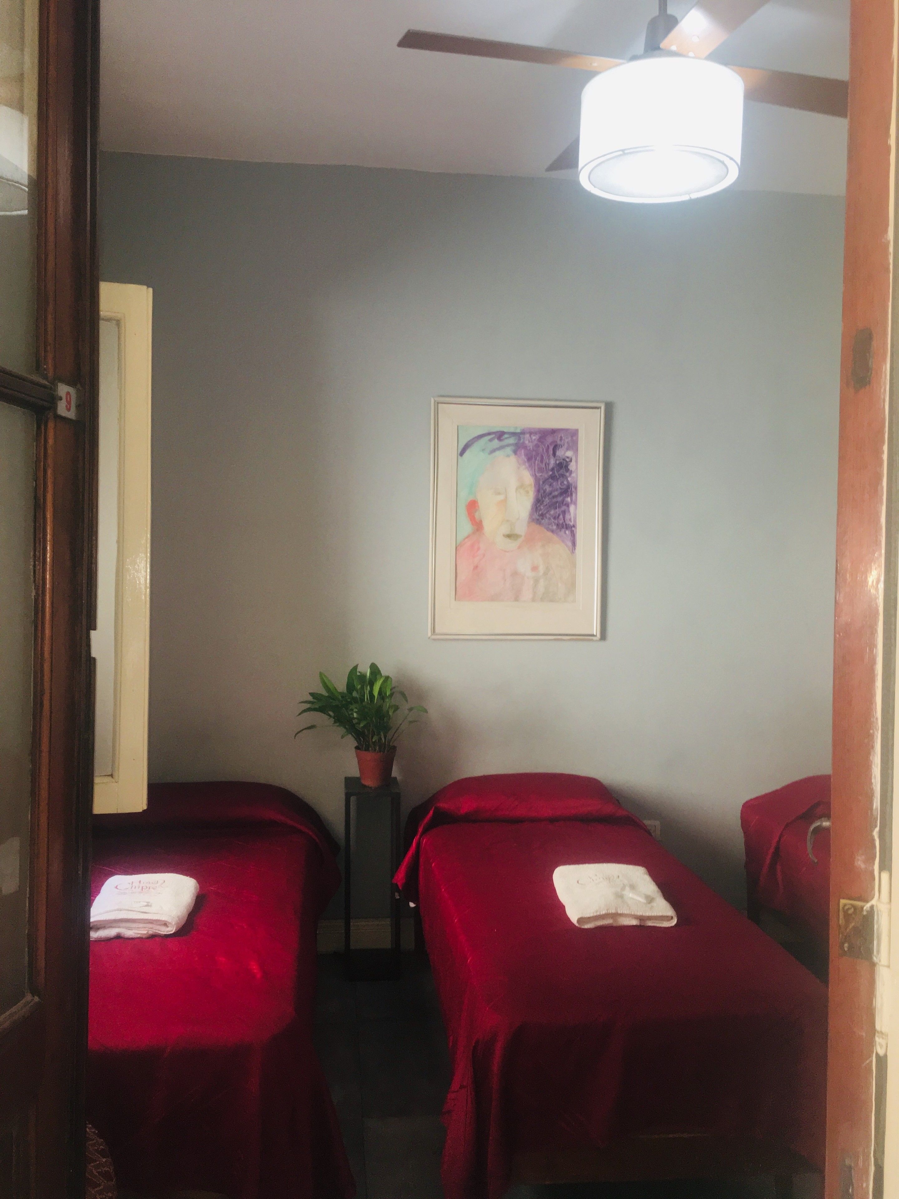 A room with two beds covered in red linens, a ceiling fan, a framed artwork on the wall, and a potted plant on a stand.