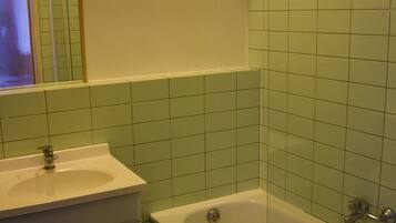 Ein Badezimmer mit weißem Waschbecken, einem Spiegel, einer Badewanne und grünen Fliesenwänden.