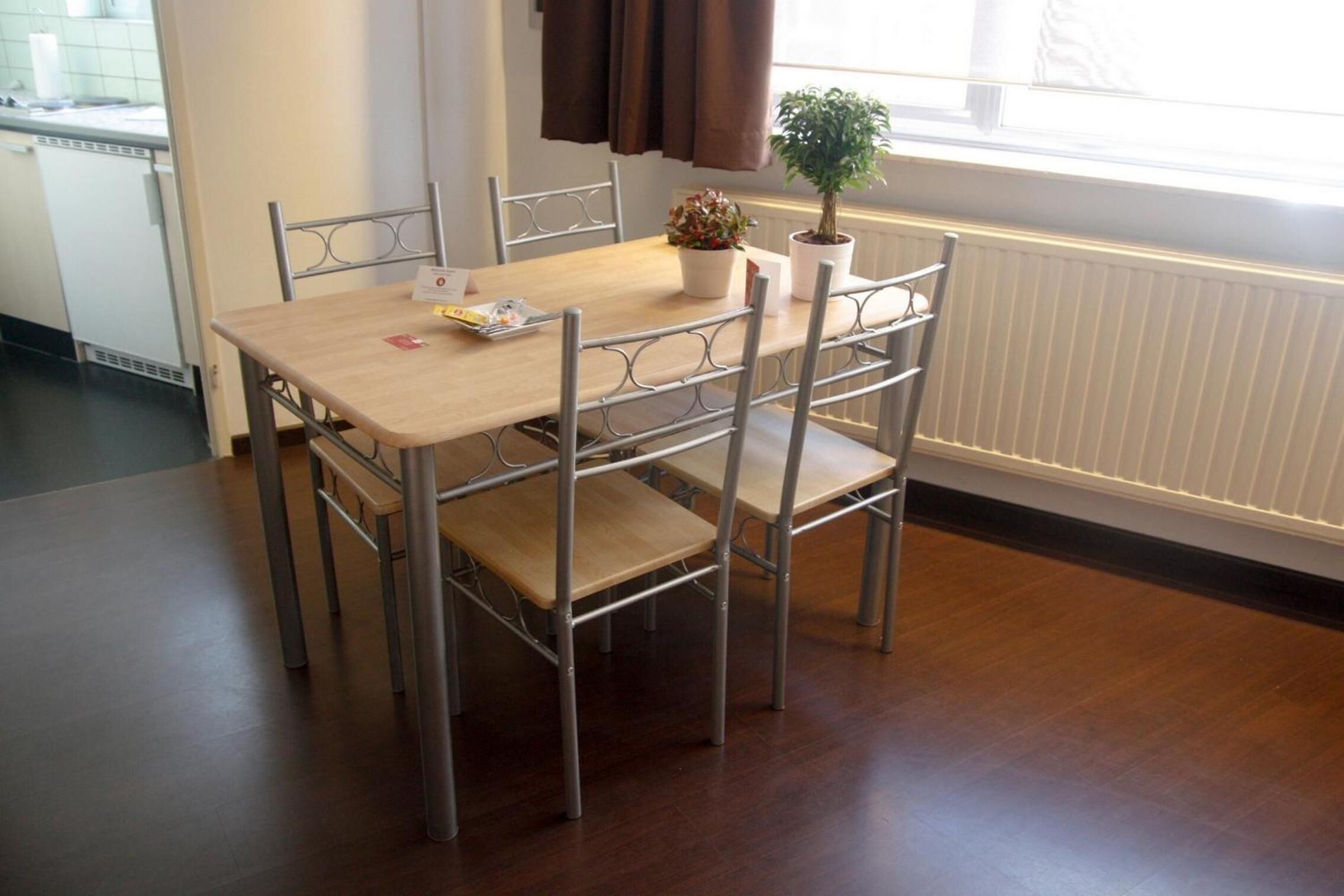 A dining area with a wooden table and metal chairs, a potted plant, and a window with curtains.