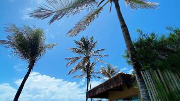 A pool area with palm trees, a thatched-roof structure, and a view of the ocean.