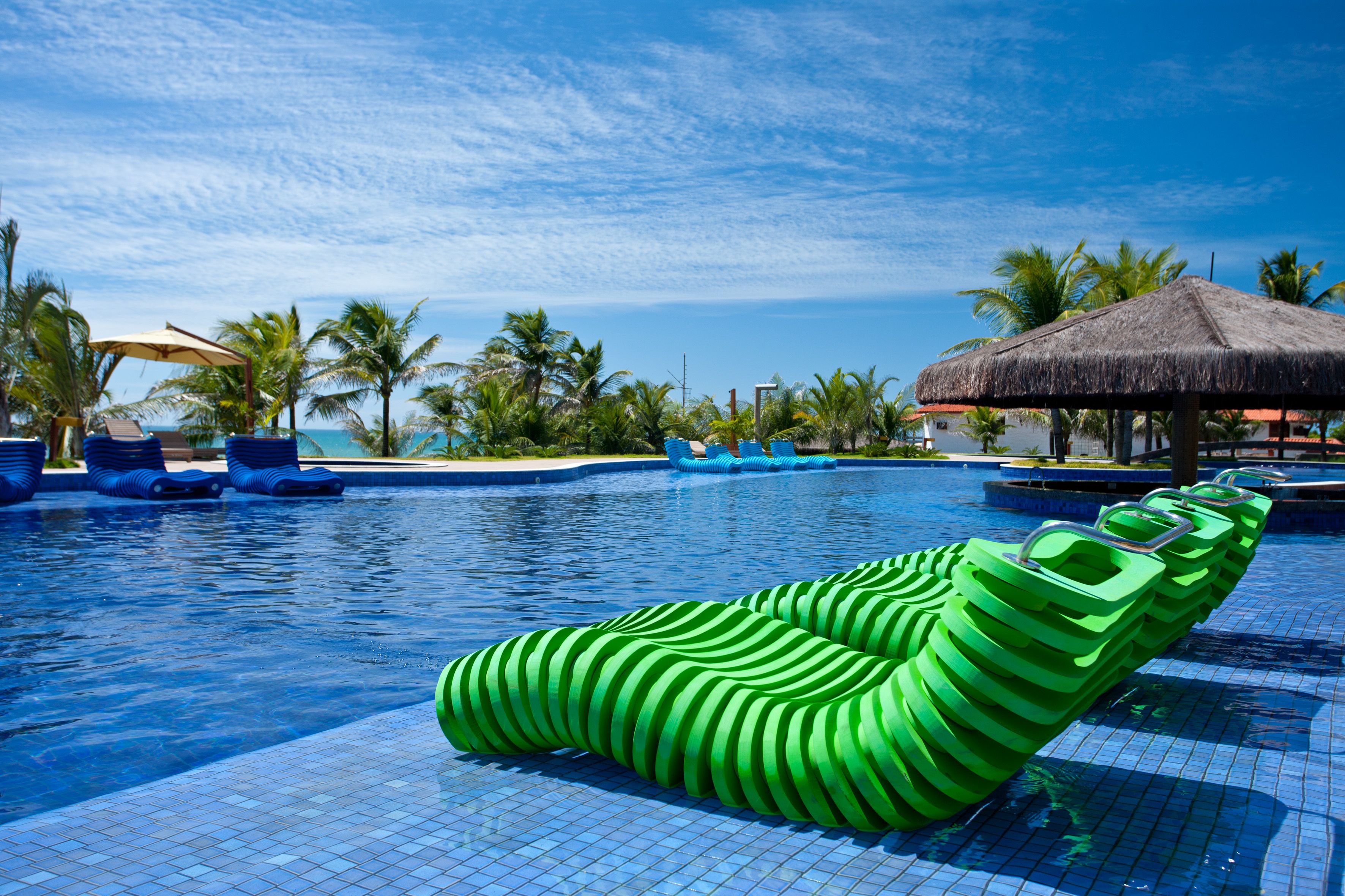 outdoor pool, pool umbrellas, pool loungers