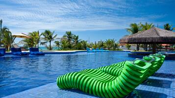 Outdoor pool, pool umbrellas, sun loungers