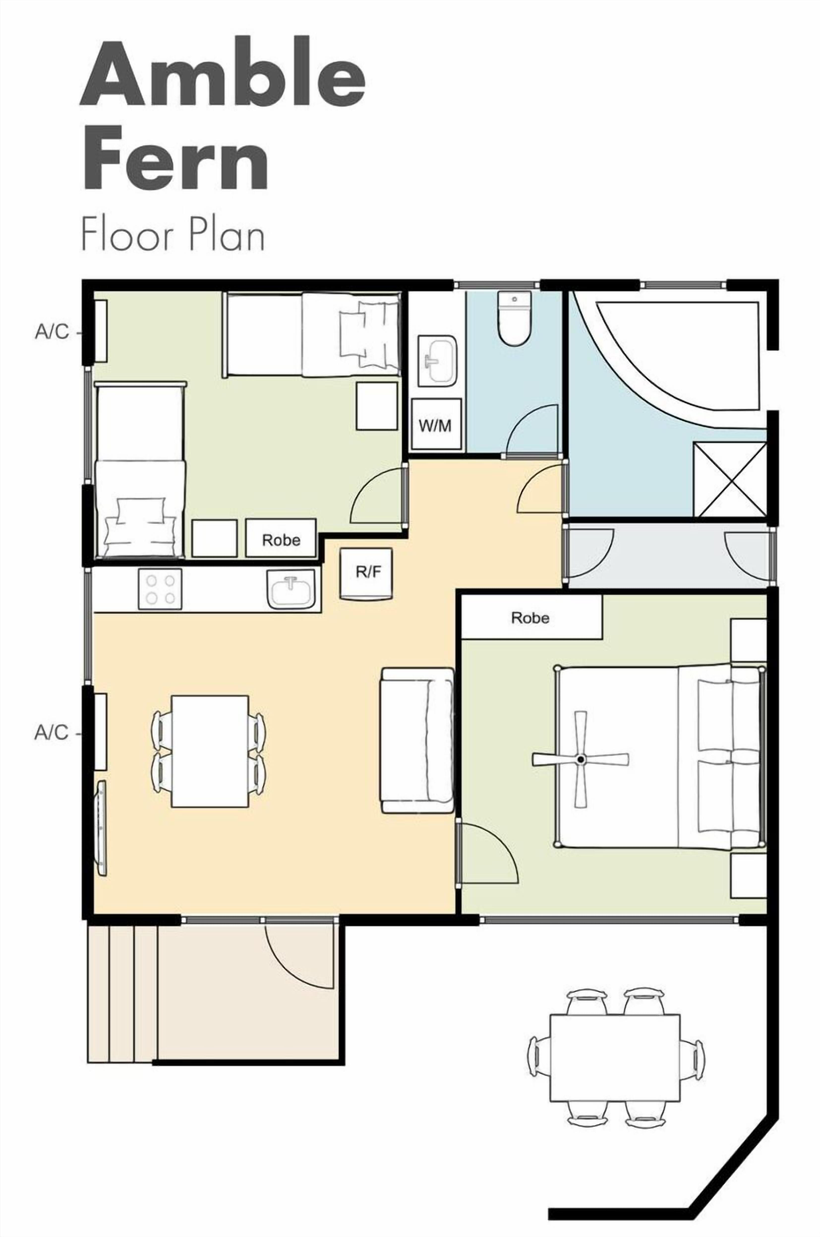 A floor plan of a hotel named 'Amble Fern' with labeled rooms such as 'Robe' and 'W/M' (Washing Machine).