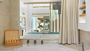 Separate tub and shower, deep soaking tub, rainfall showerhead