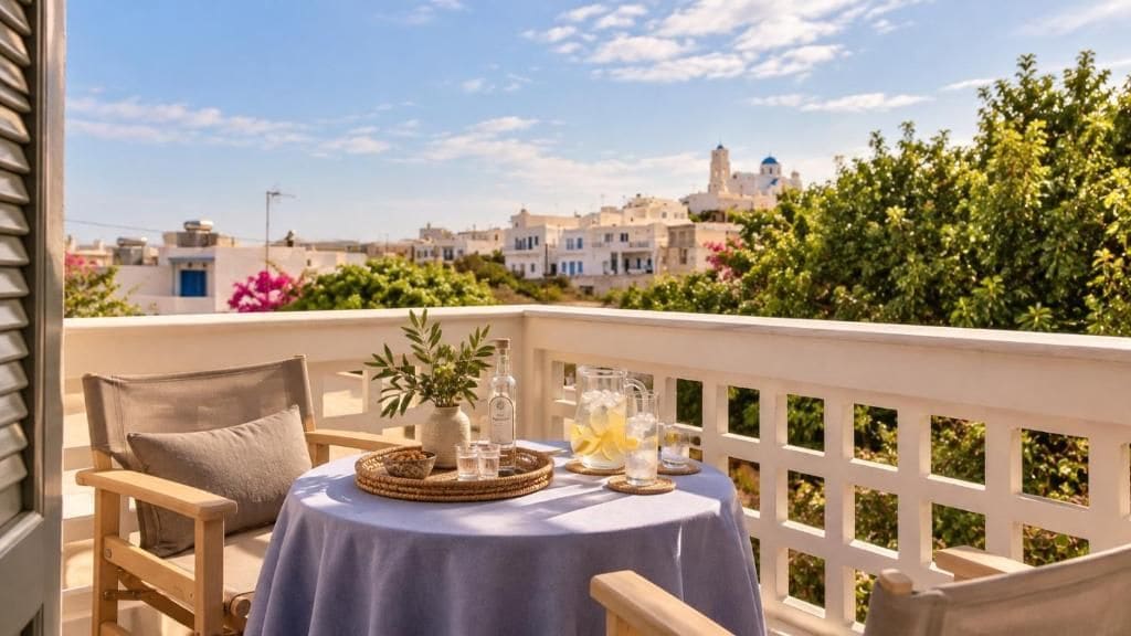 A balcony with a table set for two, overlooking a cityscape with white buildings and a blue dome.