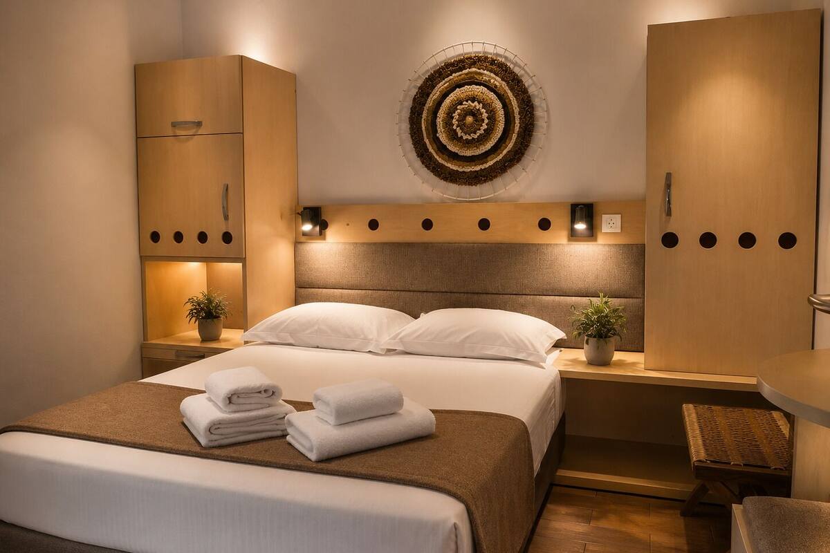 Una habitación de hotel moderna con una cama grande, un armario, una mesita de noche con lámpara y un adorno en la pared.