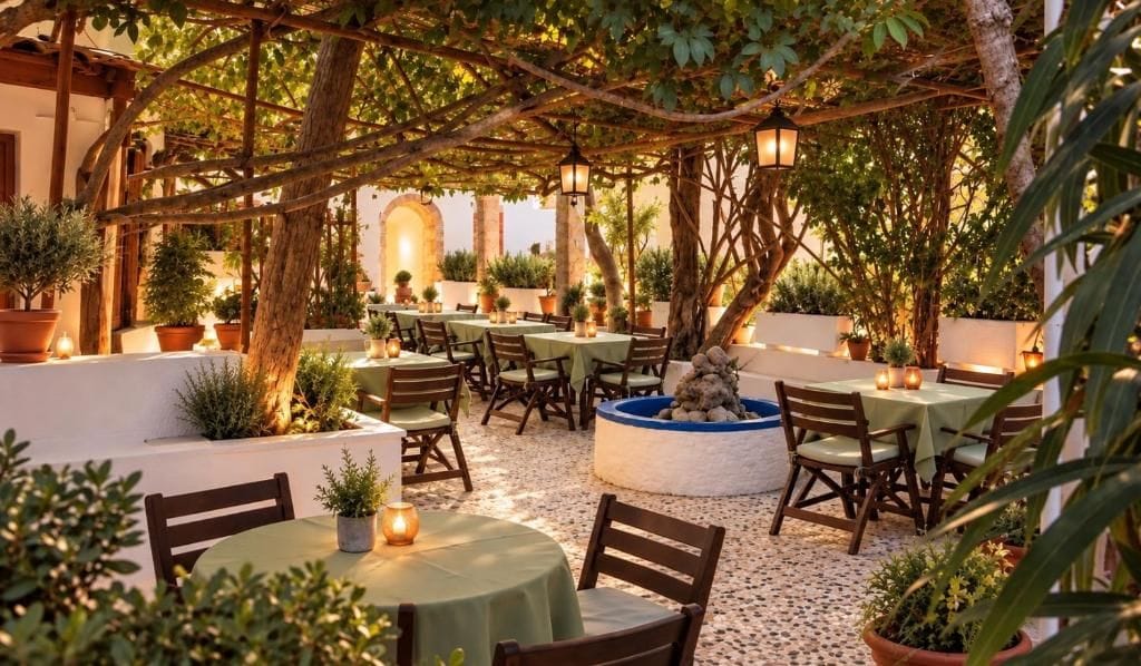 An outdoor dining area with tables and chairs, surrounded by potted plants and trees.