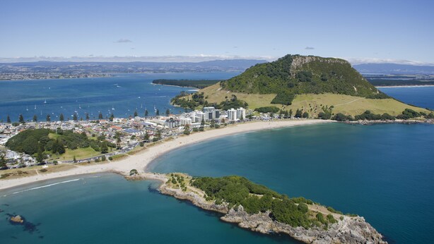 An aerial view of a coastal town with a prominent hill, a beach, and a marina with boats. - Bay Palm Motel (Tauranga)