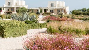 A hotel with a modern architectural design, featuring a central courtyard with various plants and flowers. - Stagones Luxury Villas (Paros)