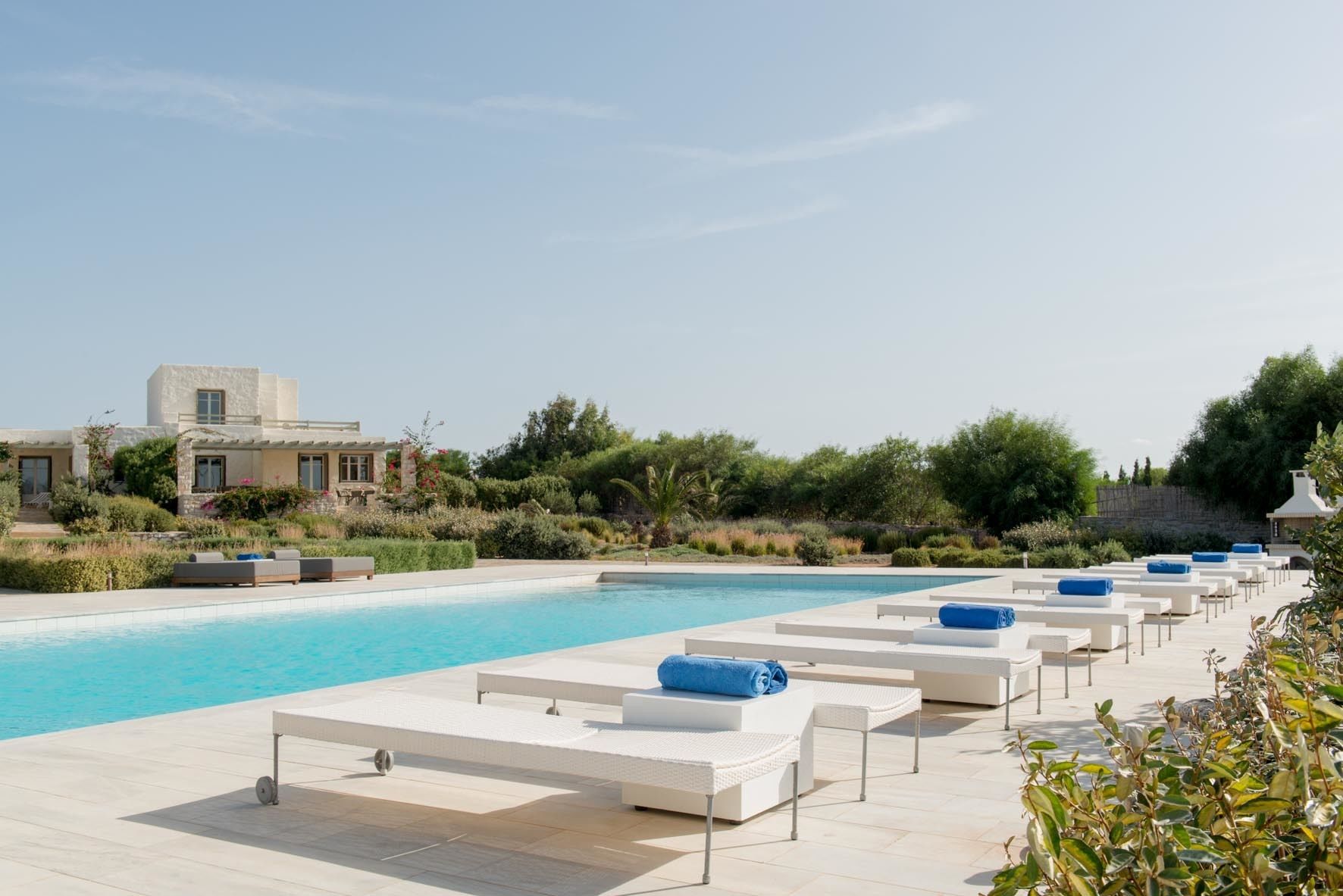 Outdoor pool, pool umbrellas, pool loungers
