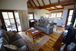 Una televisión de plasma, una chimenea, un reproductor de DVD