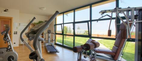 A gym with cardio machines, a weight bench, and large windows offering a view of a garden.
