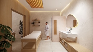 Un moderno spa con mostrador de recepción de madera, una camilla de masaje, un lavabo blanco y un espejo grande.