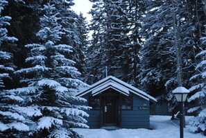 A small, dark-colored cabin with a sign reading "The Monarch" in a snowy forest.